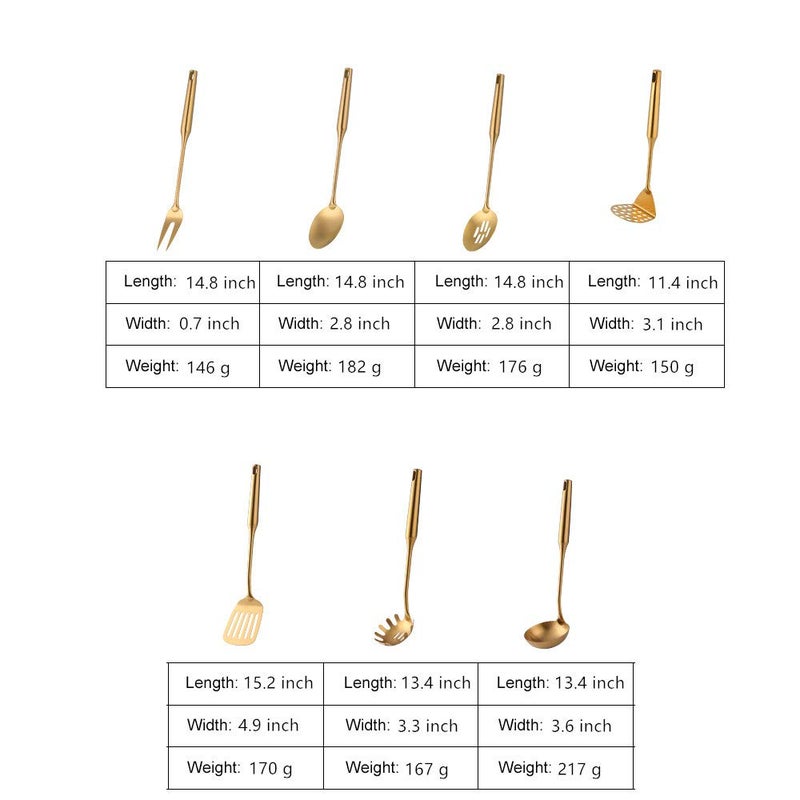 mingcheng 7 Pcs Round Handle Cooking Utensil Set, 304 Stainless Steel Gold Titanium Plated Cookware Sets with Public Fork/Spoon, Potato Mashers, Slotted Spatula, Soup Ladle, Pasta Server, Kitchen Tool Gadget - Image 2